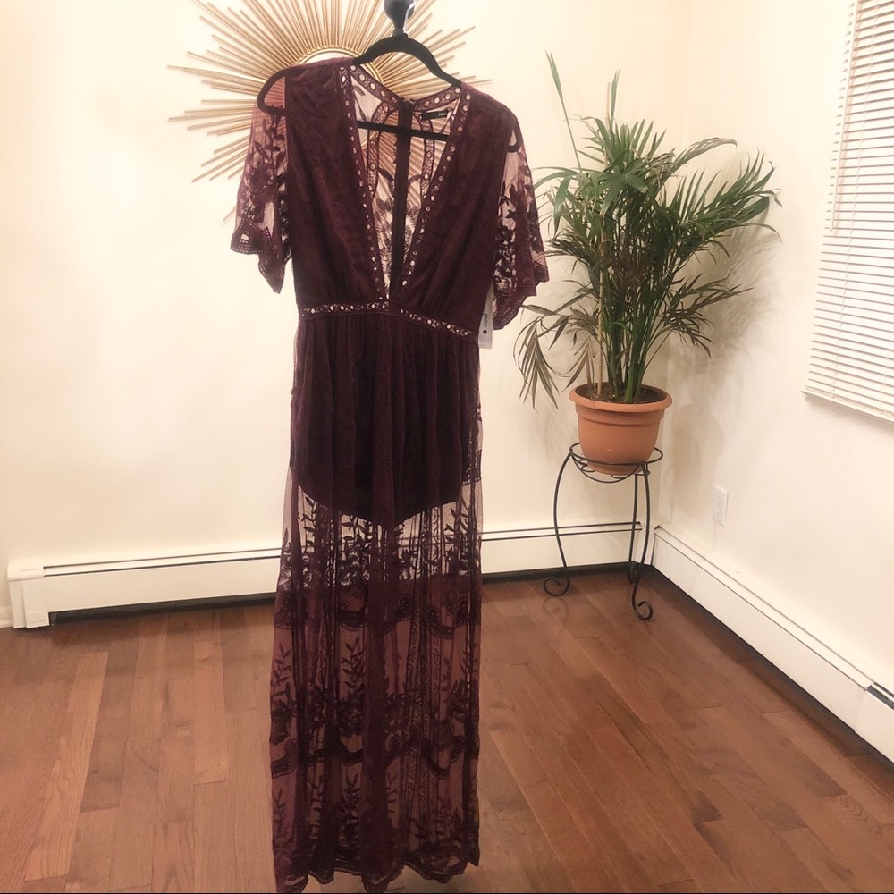 Aqua Boho Plunge Jumpsuit Wine Sz Medium